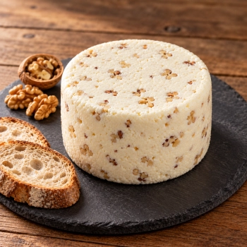 Niewędzony ser podpuszczkowy z orzechem włoskim 1,5 kg na ciemnej płycie z orzechami i pieczywem.